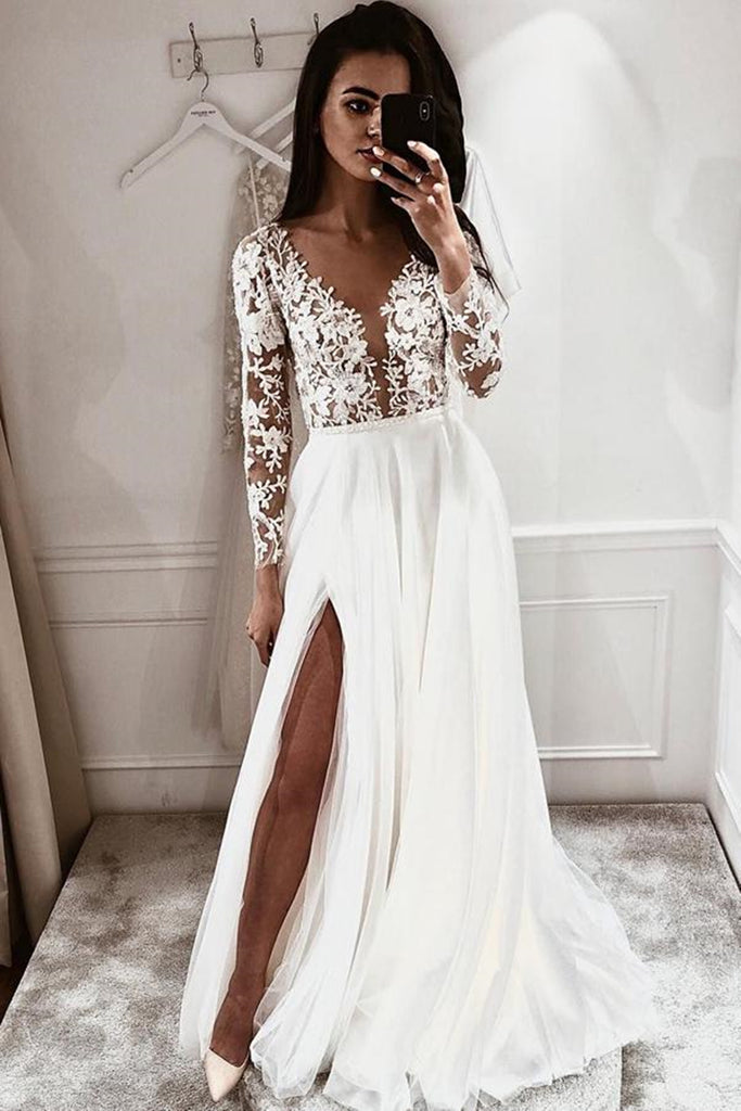 Plunging V-Neck Lace Long Prom Dress, White Long Sleeve Evening Party Dress