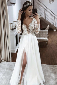 Deep V-neck Long Sleeves White Lace Wedding Dress with Split, White La ...