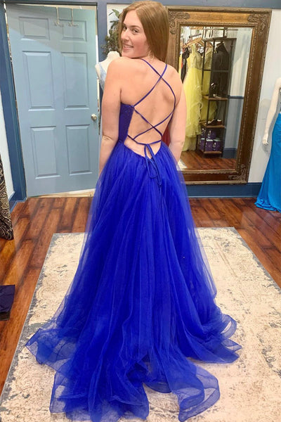 V Neck Backless Blue Tulle Long Prom Dresses with High Slit, Backless Blue Formal Graduation Evening Dresses EP1833