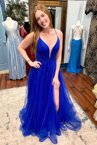 V Neck Backless Blue Tulle Long Prom Dresses with High Slit, Backless Blue Formal Graduation Evening Dresses EP1833