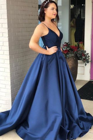 V Neck Backless Navy Blue Long Prom Dresses, Backless Navy Blue Formal Graduation Evening Dresses EP1687