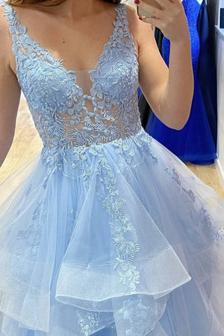 V Neck Blue Lace Prom Dresses, Blue Lace Long Formal Evening Dresses