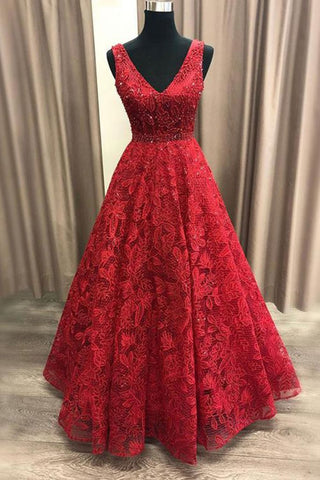 V Neck Burgundy Lace Long Prom Dresses, Burgundy Lace Formal Dresses, Burgundy Evening Dresses EP1565