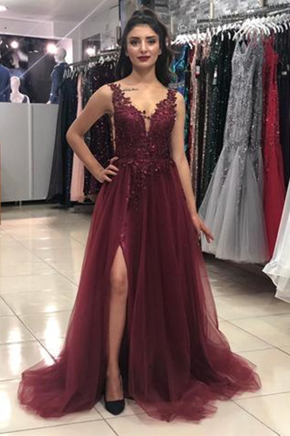 Custom Made Long Maroon Lace Prom Dresses, Maroon Lace Formal