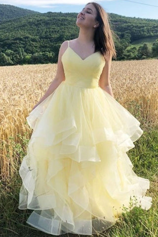 V Neck Fluffy Yellow Long Prom Dresses, V Neck Yellow Formal Evening Dresses, Yellow Ball Gown EP1566