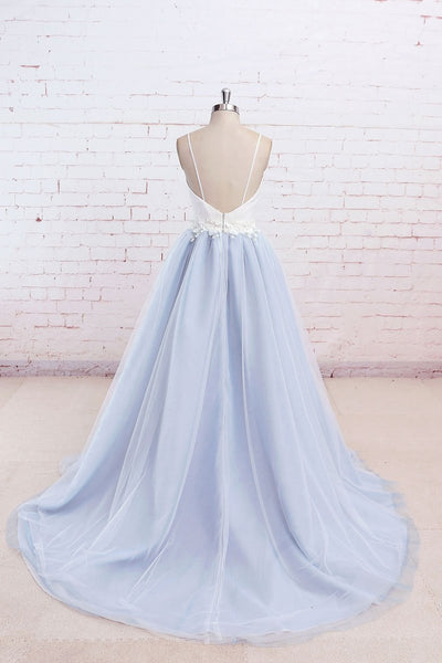 V Neck Light Blue Lace Prom Dresses, Light Blue Lace Formal Evening Dresses