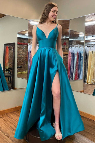 V Neck Open Back Blue Satin Long Prom Dresses with High Slit, Blue Formal Graduation Evening Dresses with Pocket EP1848