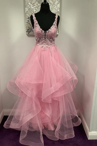 V Neck Open Back Pink Lace Puffy Tulle Long Prom Dresses, Pink Lace Formal Dresses, Pink Evening Dresses EP1806