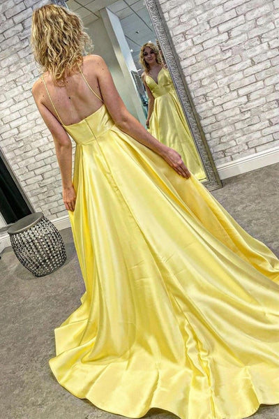 V Neck Open Back Yellow Satin Long Prom Dresses with Pocket, V Neck Yellow Formal Graduation Evening Dresses EP1824