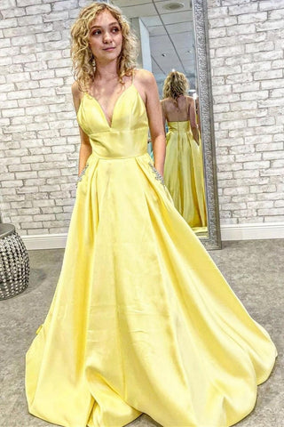 One Shoulder Yellow Satin Long Prom Dresses with High Slit, One