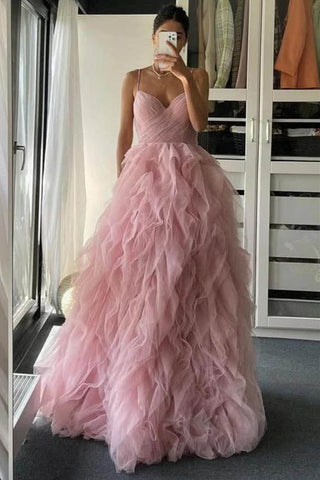 V Neck Pink Tulle Ruffle Long Prom Dresses, Long Pink Tulle Formal Dresses, Pink Evening Dresses EP1740