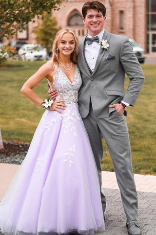 V Neck Purple Tulle Long Prom Dresses with Lace Appliques, Purple Lace Formal Graduation Evening Dresses EP1801