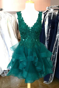 V Neck Short Green Lace Prom Dresses, Short Green Lace Graduation Homecoming Dresses