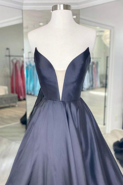 V Neck Strapless Black Satin Long Prom Dresses, Strapless Black Formal Dresses, Long Black Evening Dresses EP1835