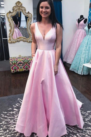 V Neck and V Back Pink Satin Long Prom Dresses, V Neck Pink Formal Graduation Evening Dresses EP1902