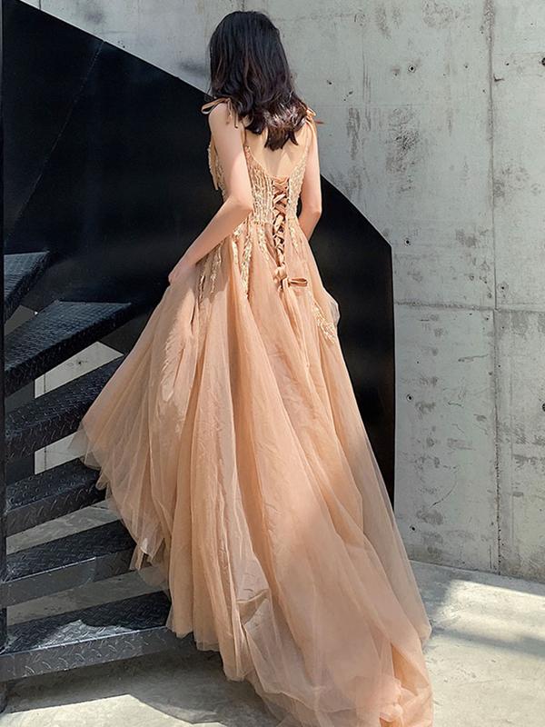 V Neck Champagne Lace Prom Dresses, Champagne Lace Long Formal Evening –  Eip Collection