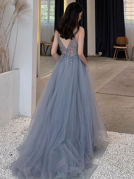 V Neck Gray Beaded Long Prom Dresses, V Neck Beaded Gray Formal Evening Graduation Dresses